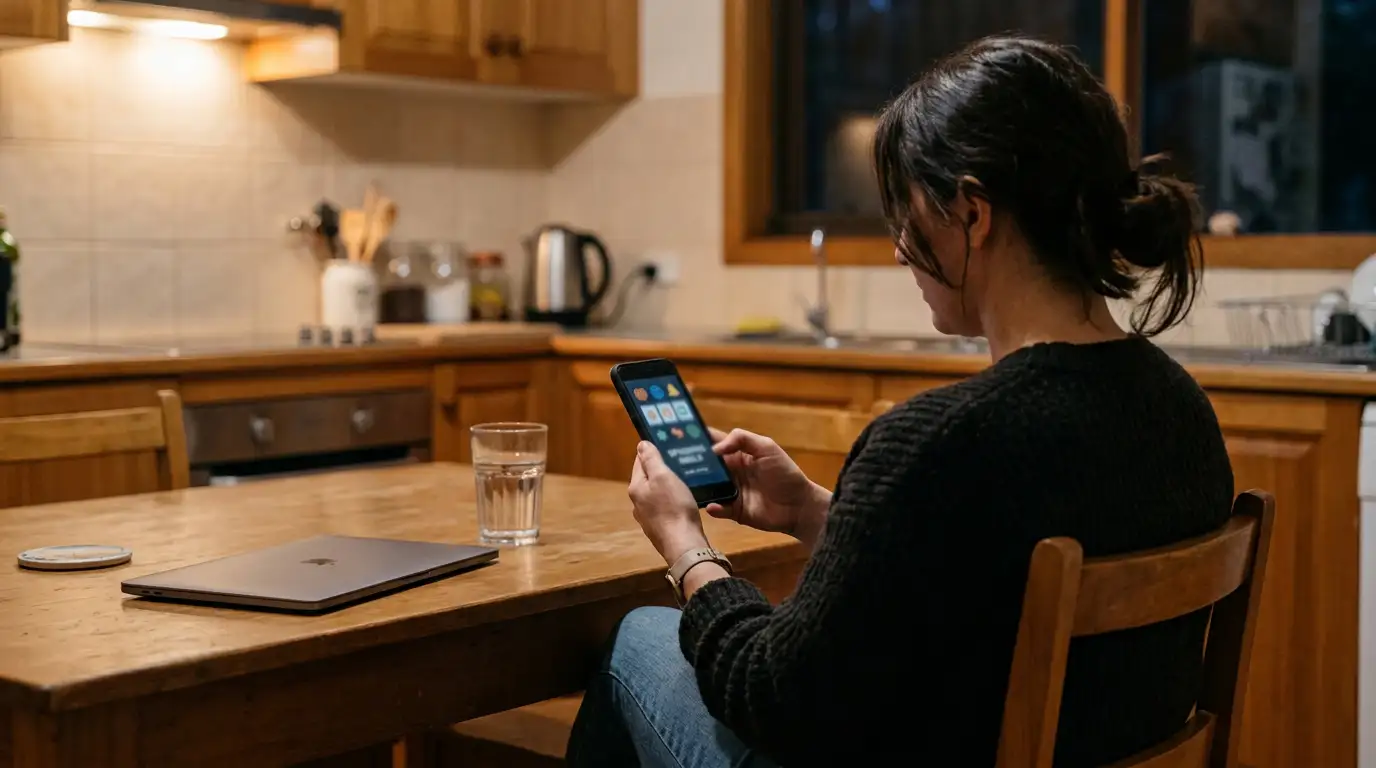 Person playing pokies reels on a phone at a kitchen table, laptop closed beside them