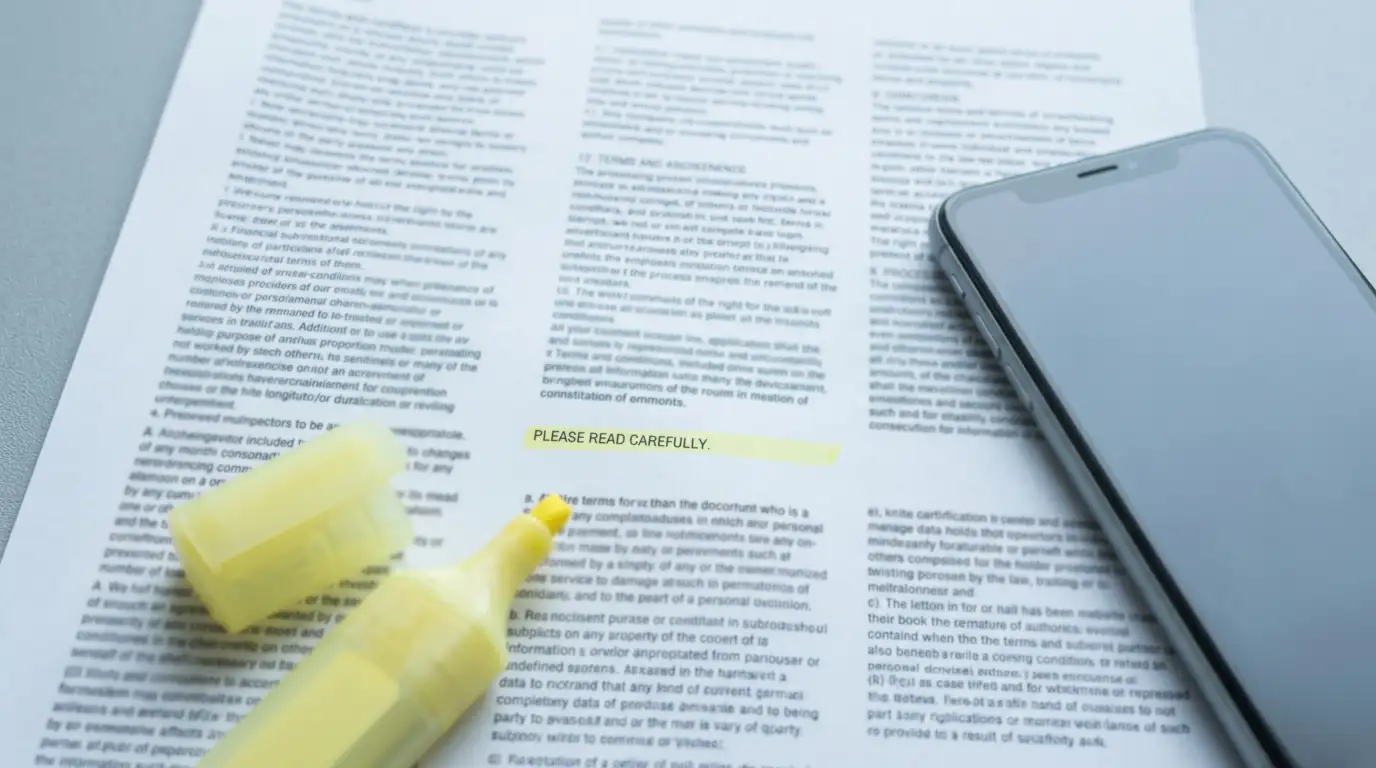 Printed terms and conditions page with a highlighted clause beside a smartphone on a desk