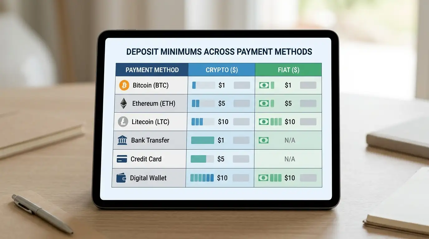 Comparison chart showing deposit minimums across crypto and fiat payment methods at offshore casinos