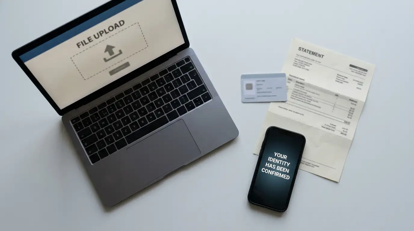 Identity document and a utility bill laid out beside a laptop ready for upload