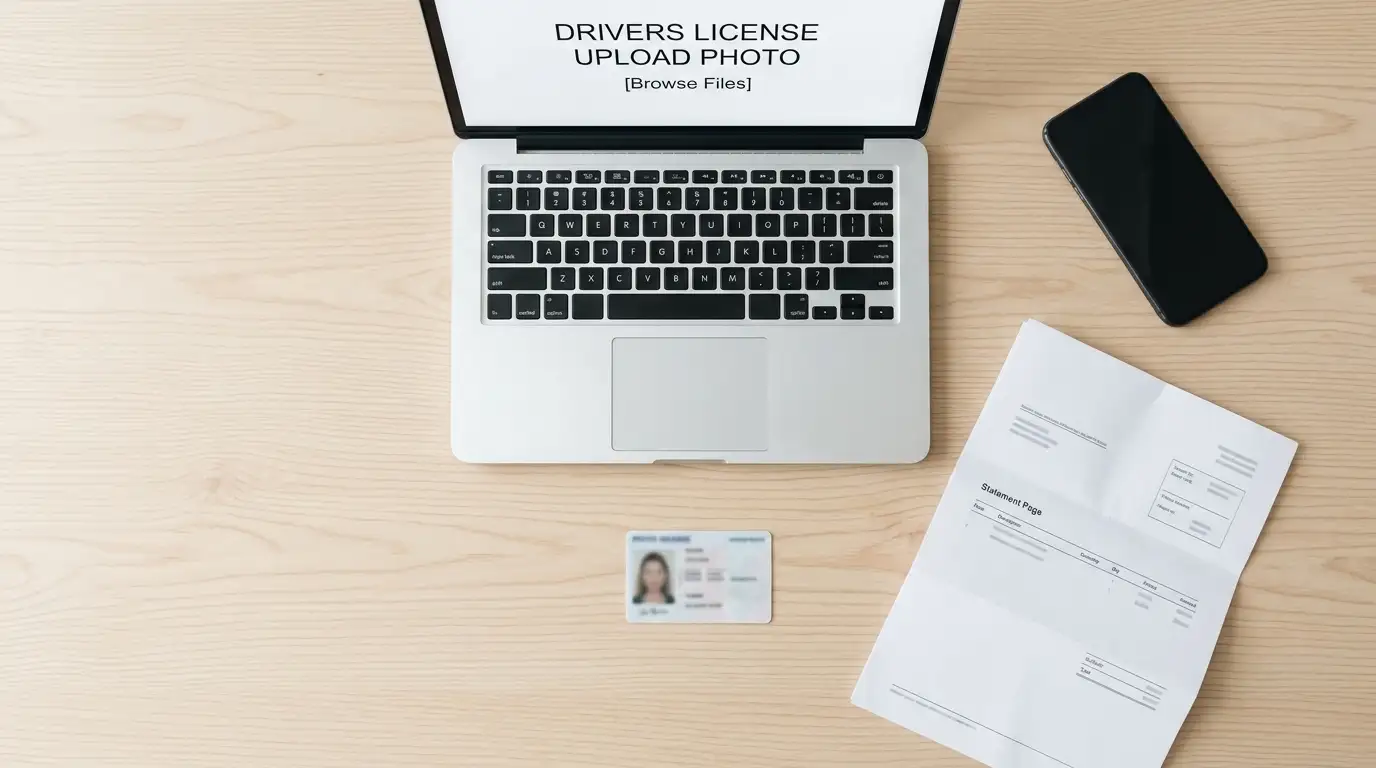 Identity document and a utility statement laid out beside a laptop for account verification