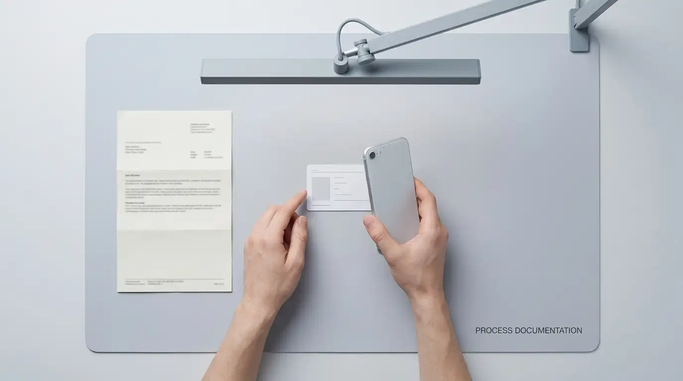Person photographing an identity document laid flat under an even desk lamp