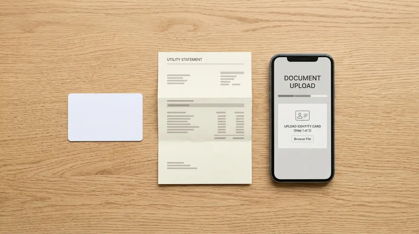 Identity documents and a utility statement laid out for casino KYC verification