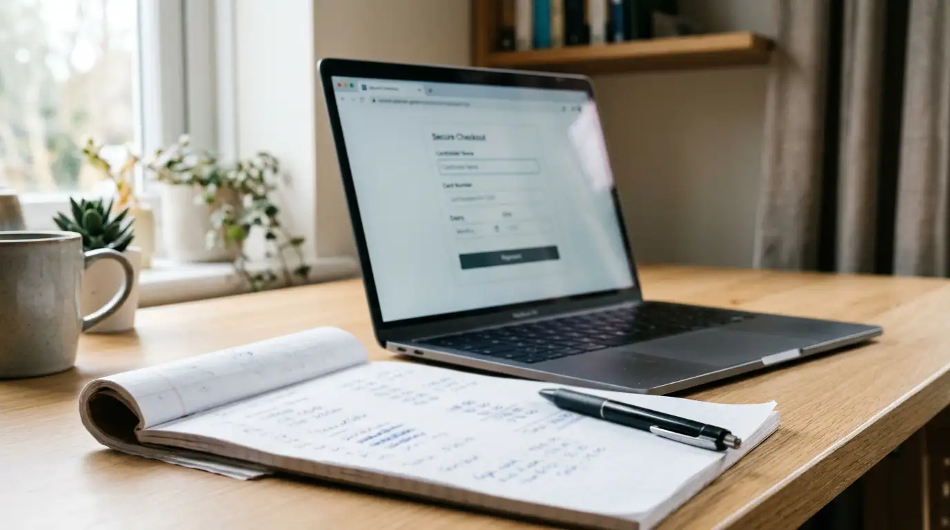 Desk with a laptop showing an online casino cashier page beside a notepad of payment limits