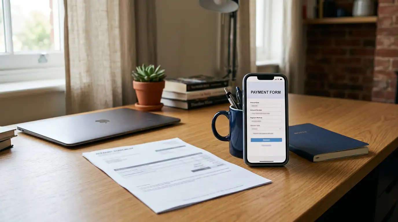 Australian bank statement and a phone showing a bill payment screen on a desk
