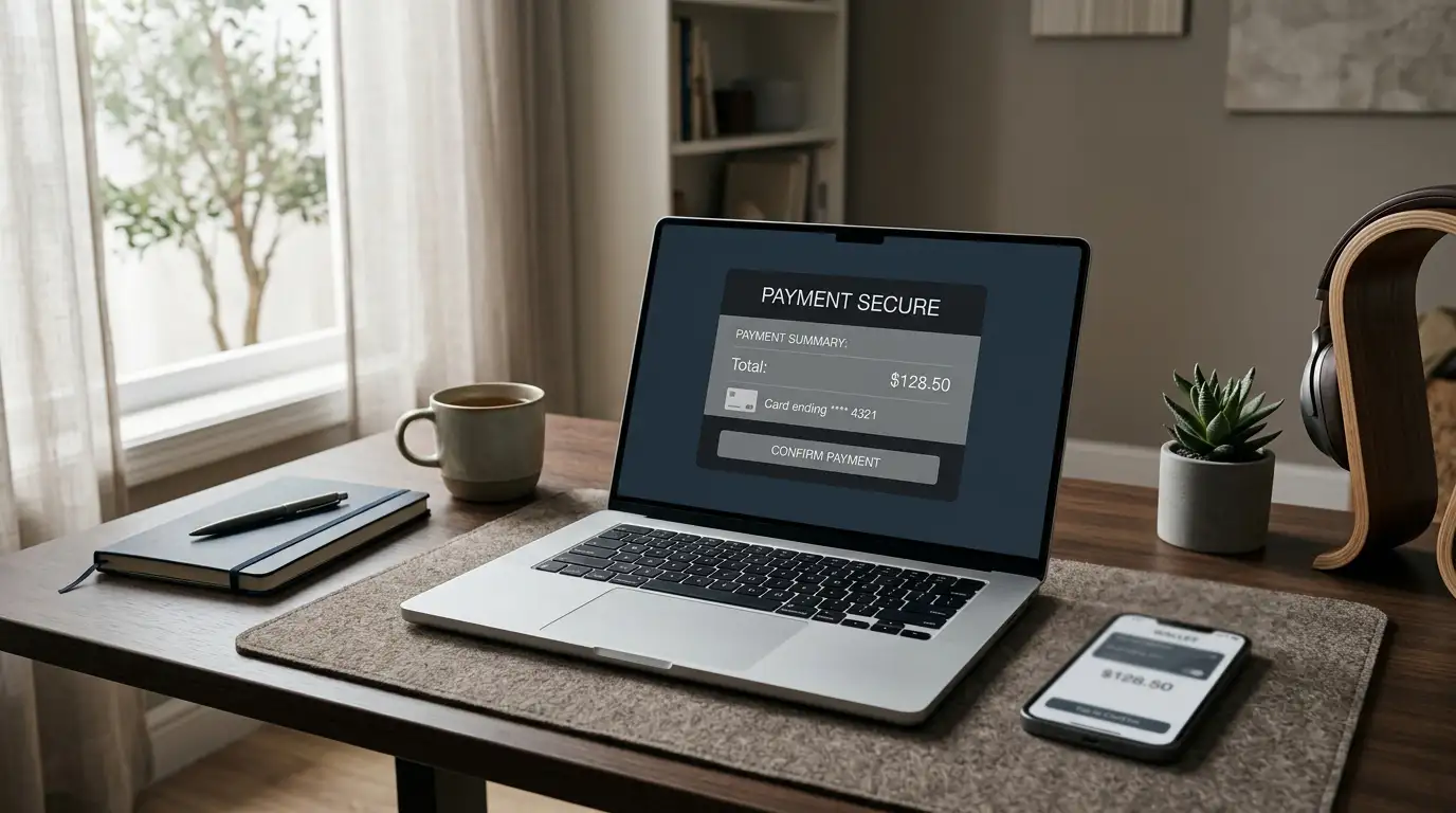 Laptop and smartphone on a desk showing a digital wallet used for casino deposits in Australia