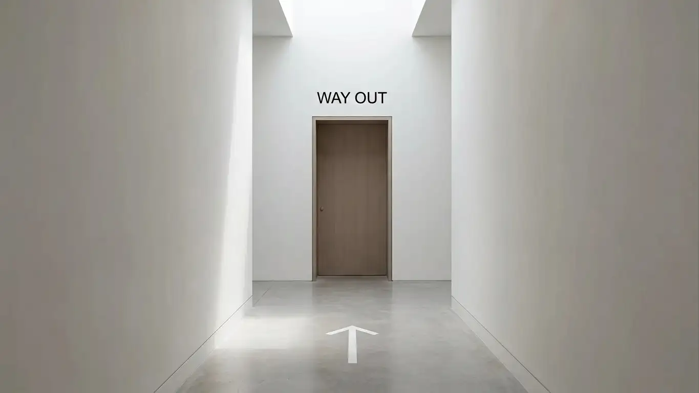 Single doorway with a one-way arrow marked on the floor beside it