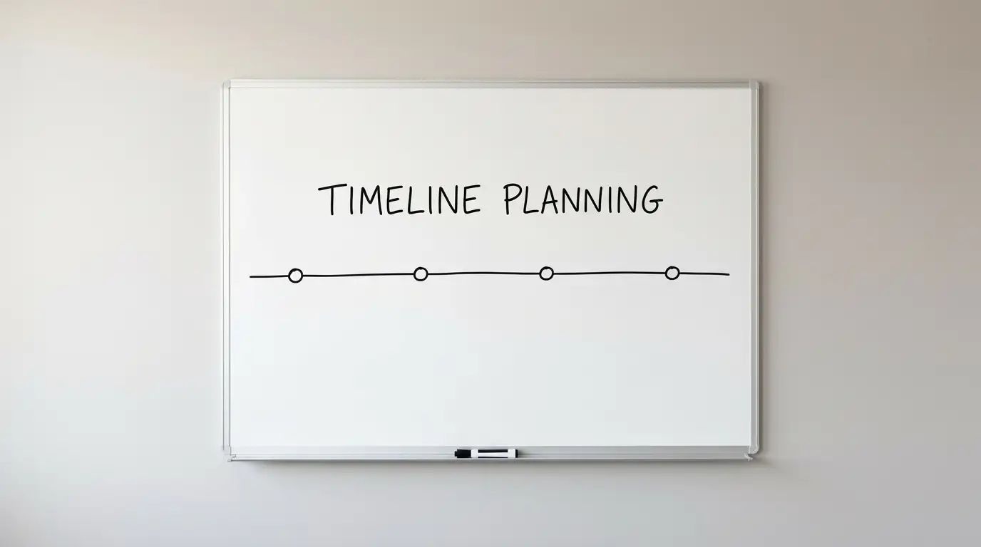 Hand-drawn timeline on a planning board showing four sequential stages of a transfer