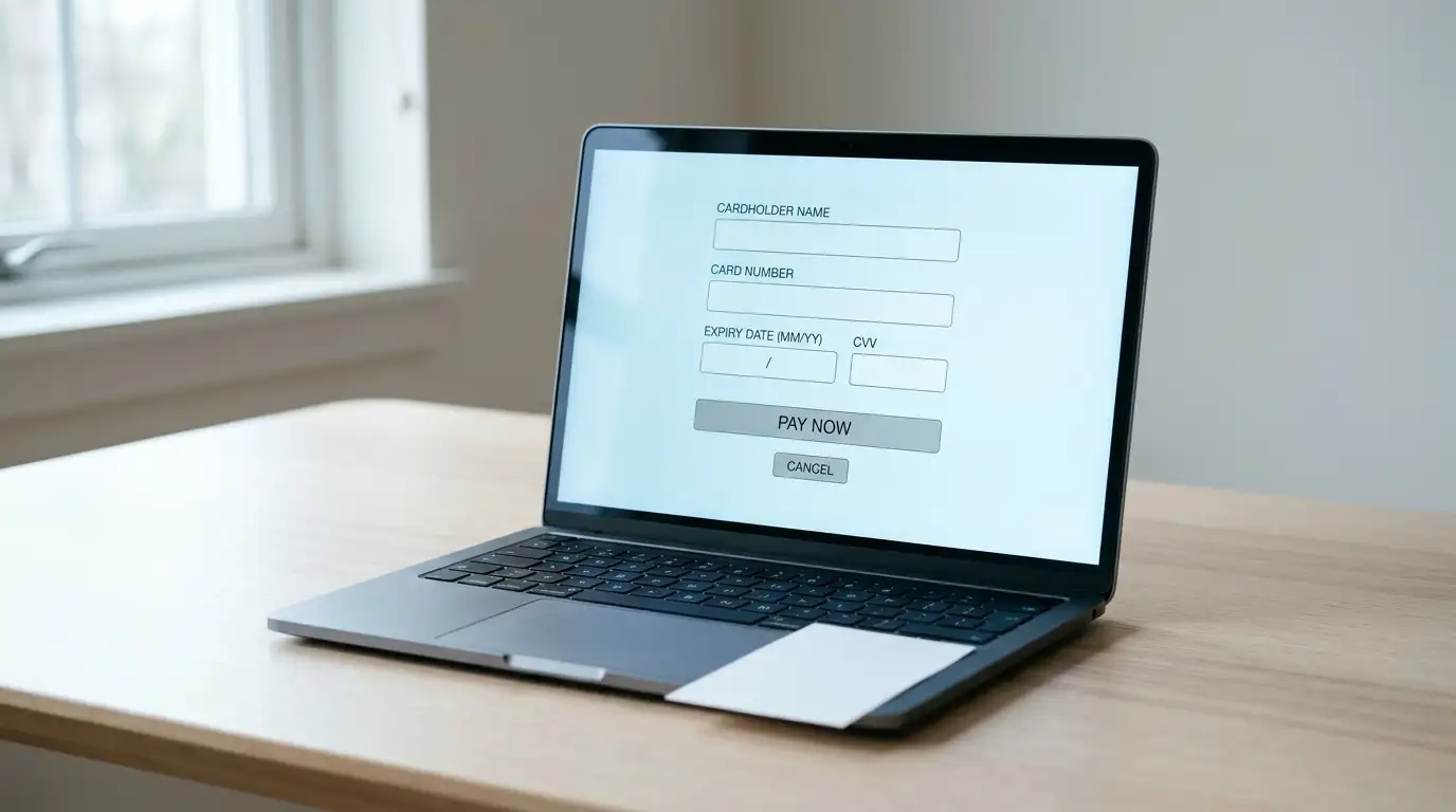 Laptop on a desk showing a neutral casino cashier screen with a voucher payment field
