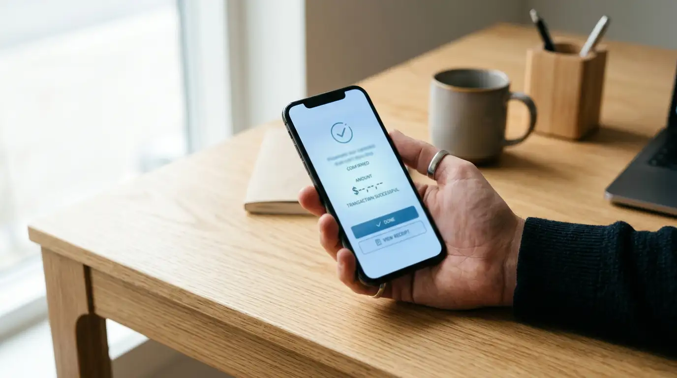 Hand holding an iPhone with the Apple Pay confirmation screen open on a desk
