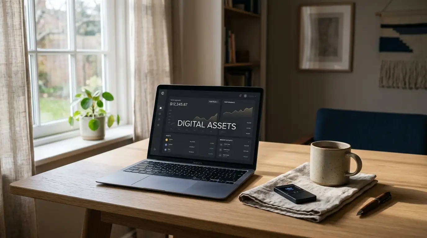 Desk with laptop and hardware wallet set up for Ethereum casino deposits in Australia