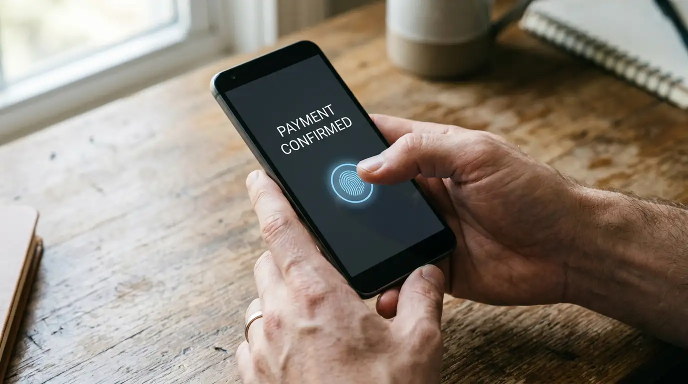 Android phone held at a casino cashier screen ready to tap a Google Pay deposit