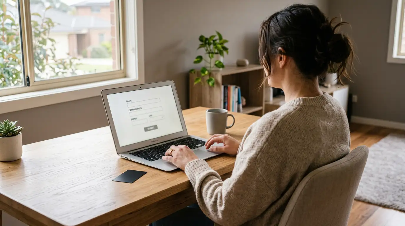 Australian player checking a casino cashier page on a laptop at a home desk