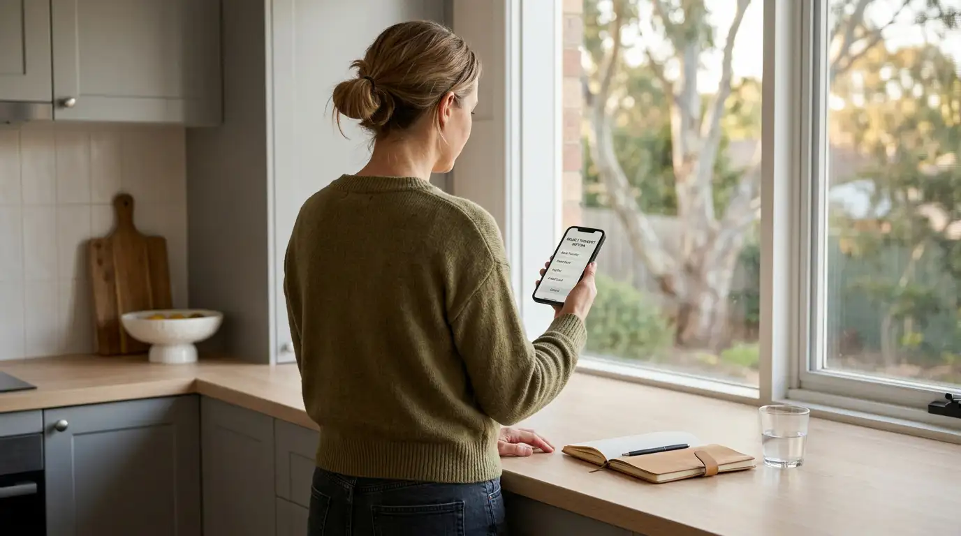 Australian punter checking payment options on a phone at a kitchen bench