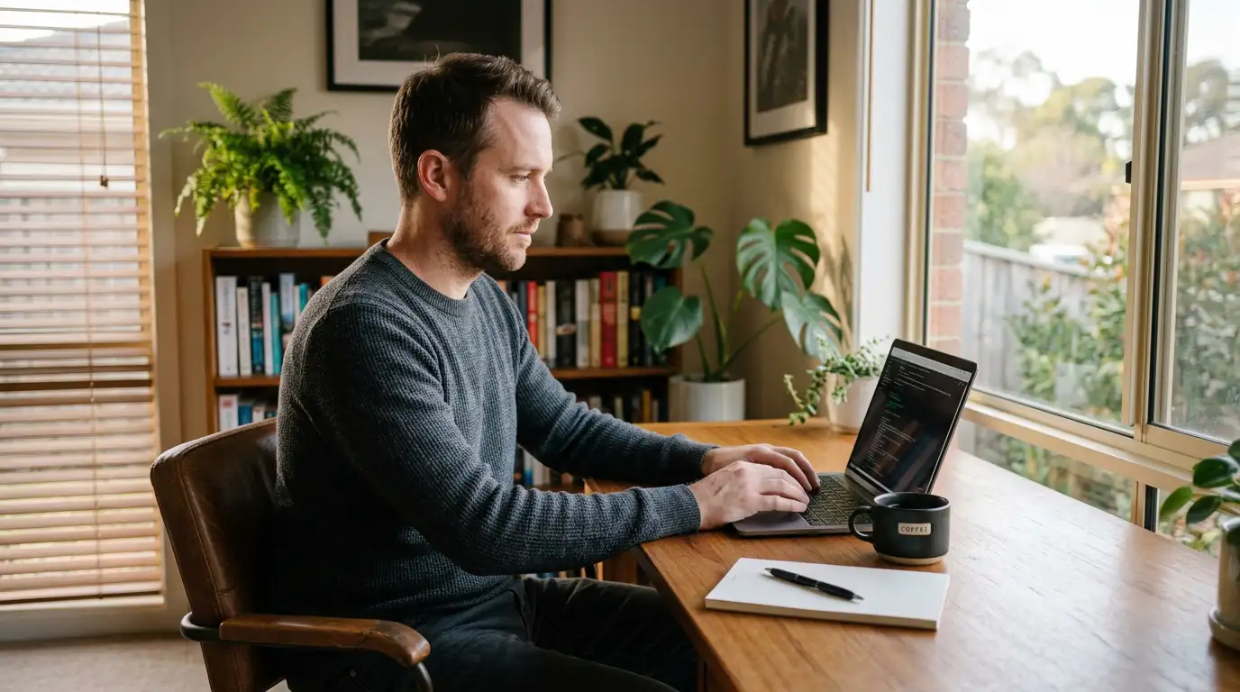 Australian player reviewing Tether USDT casino options on a laptop at a home desk