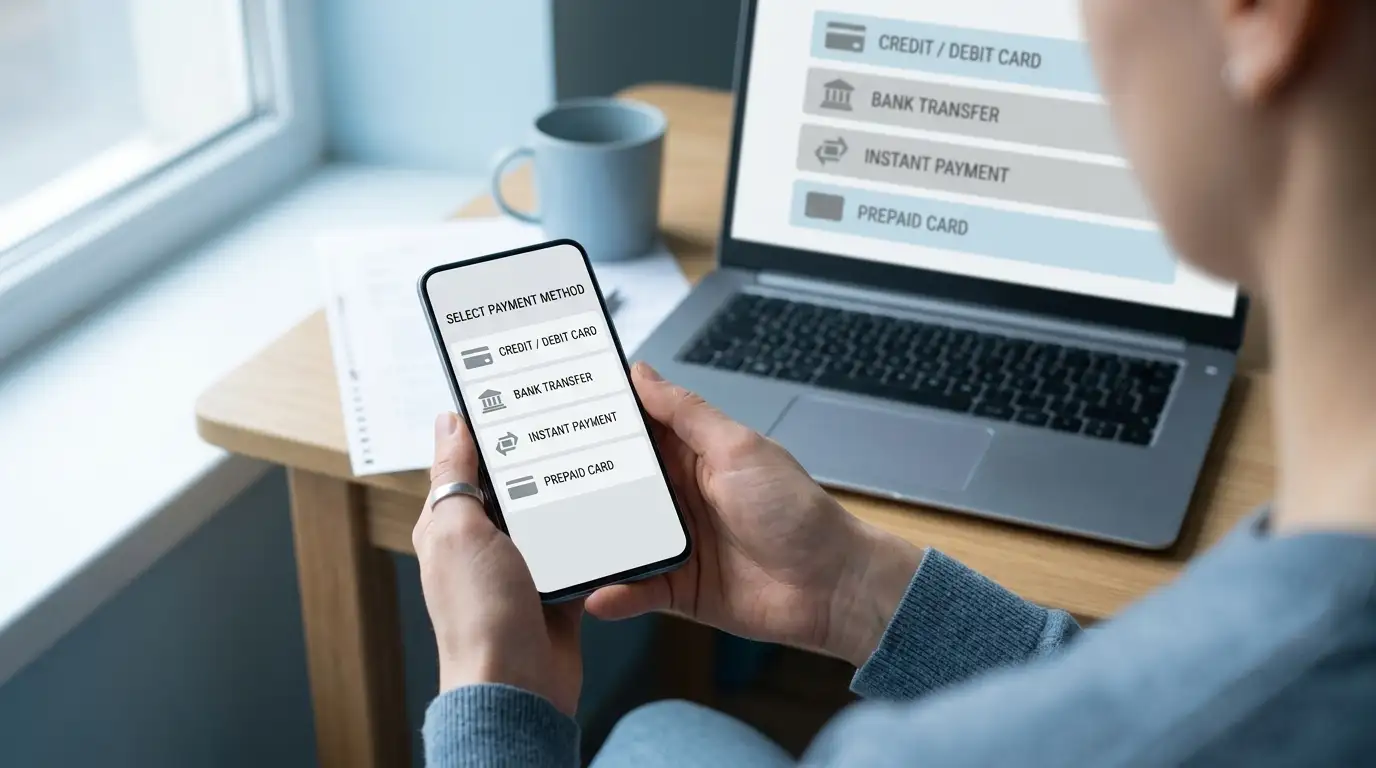 Hands holding a phone next to a laptop displaying a payment options list
