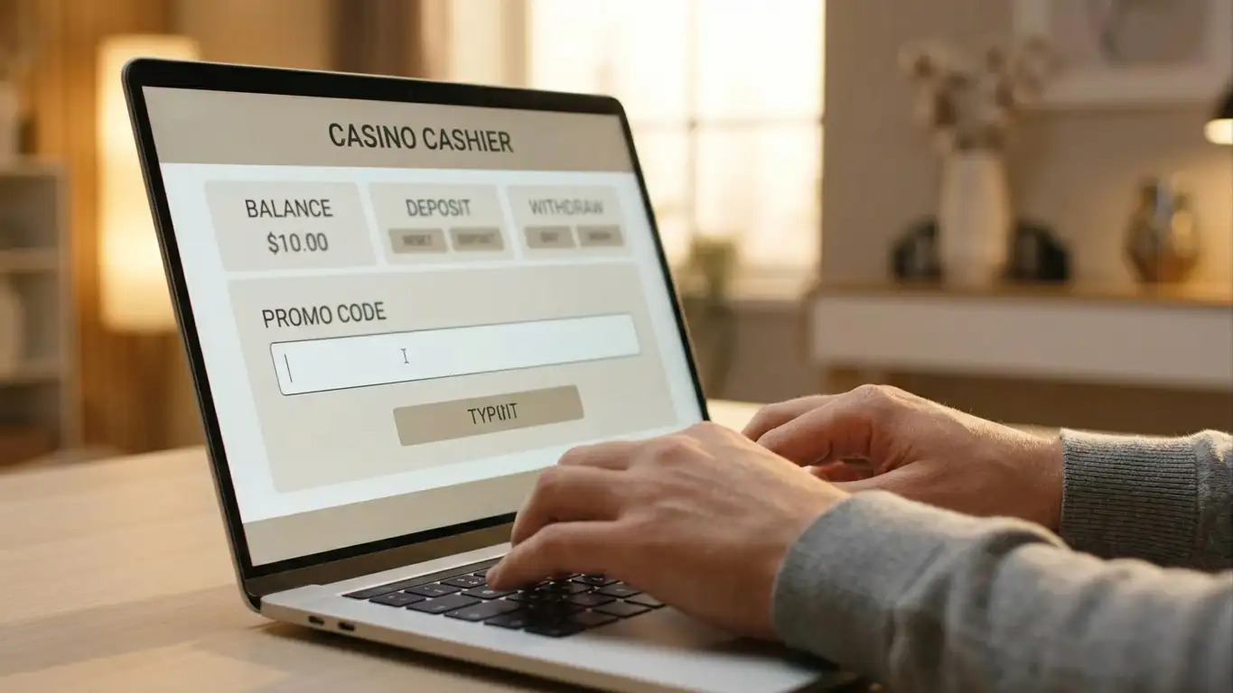 Person entering bonus code in casino cashier interface