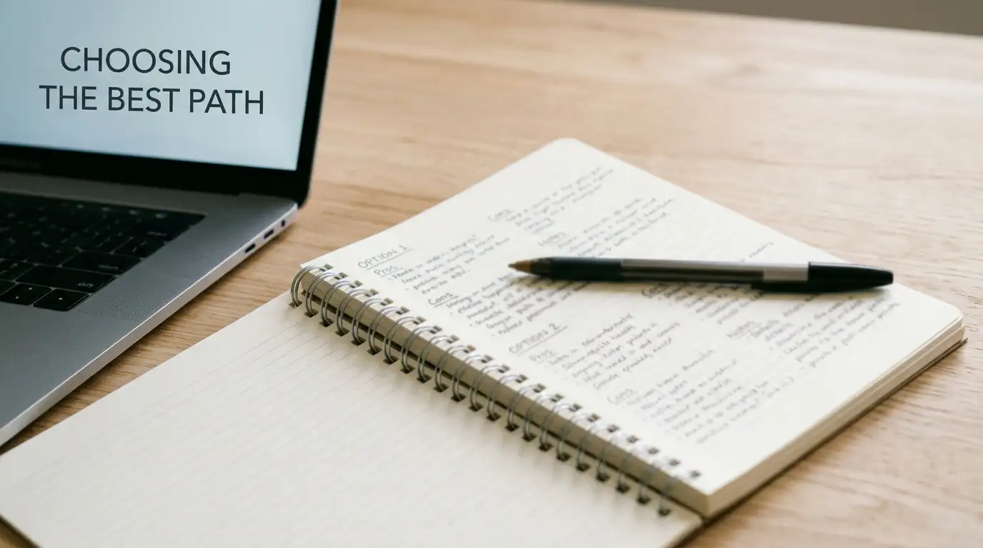 Notebook with handwritten comparison notes beside an open laptop