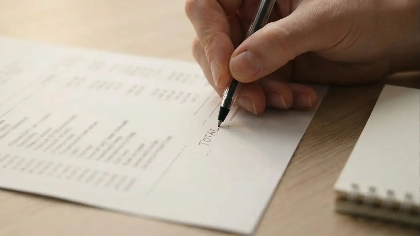 Hand working through figures with a pen on a printed statement
