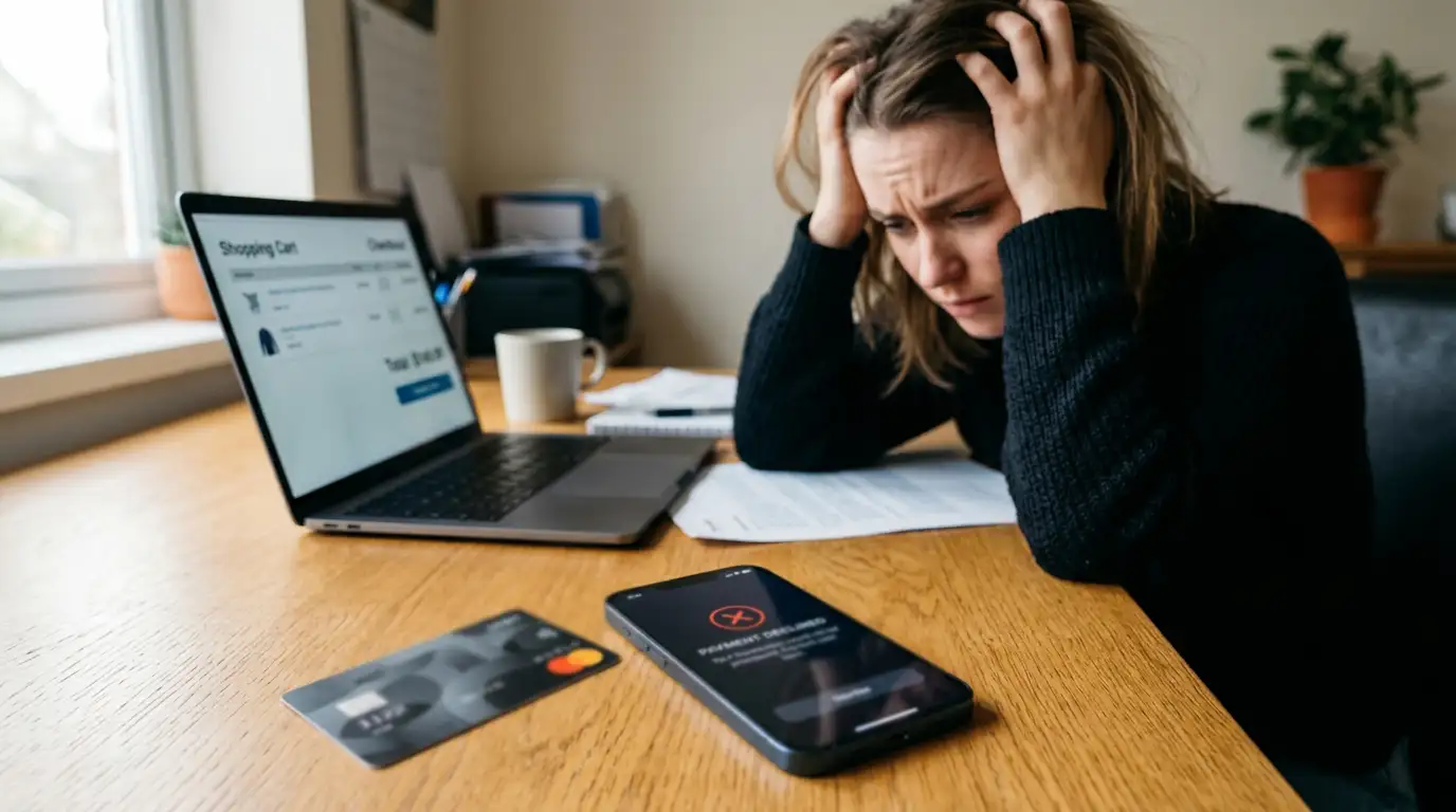 Bank card with decline notification on phone screen