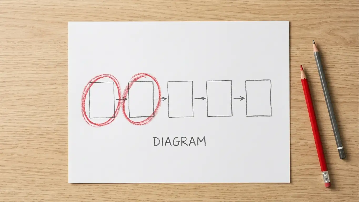 Hand-drawn chain of five linked boxes on paper, the first two circled heavily