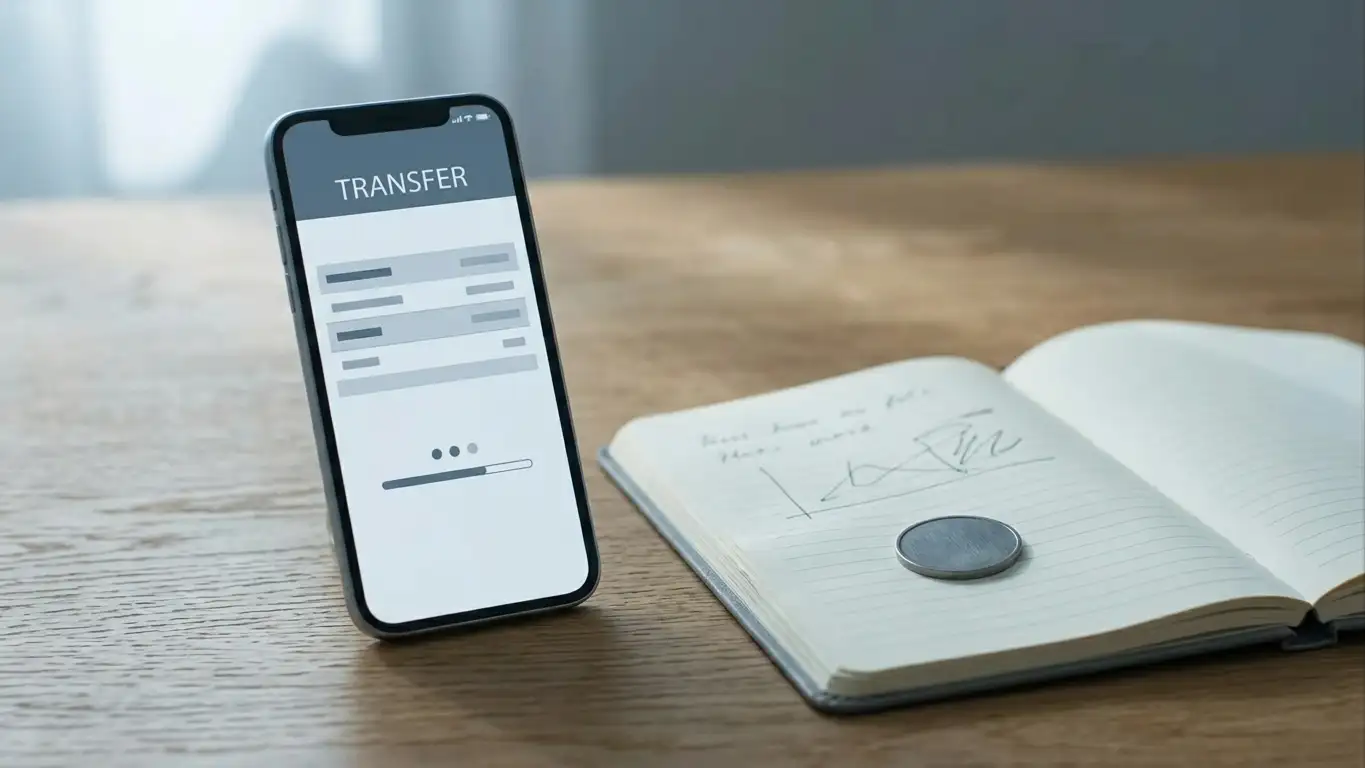 Smartphone showing a crypto wallet transfer beside a plain notepad on a wooden desk