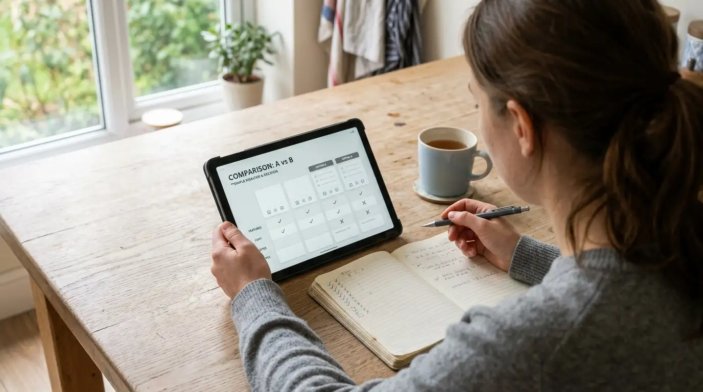 Person comparing shortlisted casino sites on a tablet with handwritten notes