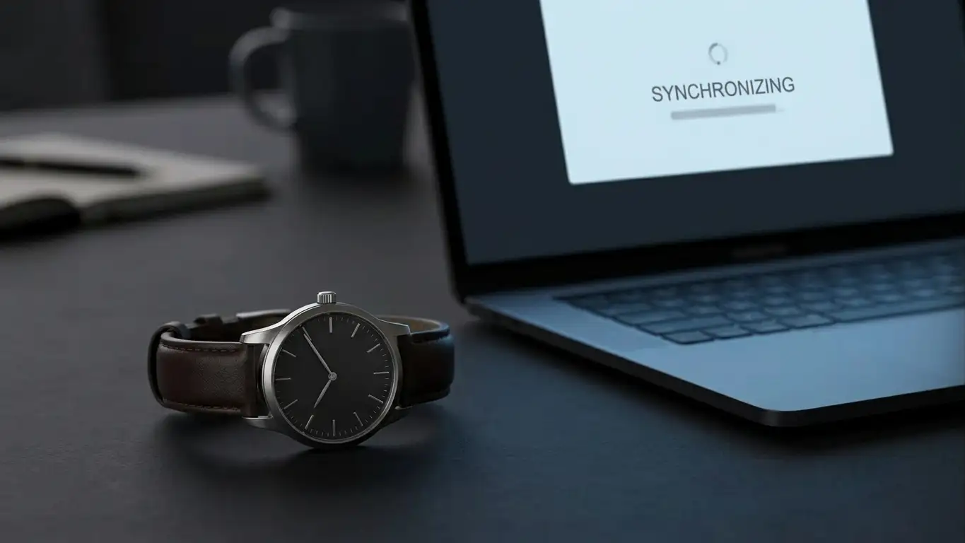 Wristwatch resting beside a laptop showing a plain pending-transaction status screen