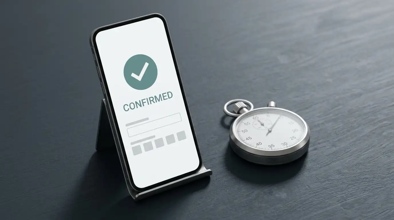 Smartphone showing a neutral wallet transfer confirmation screen beside a stopwatch