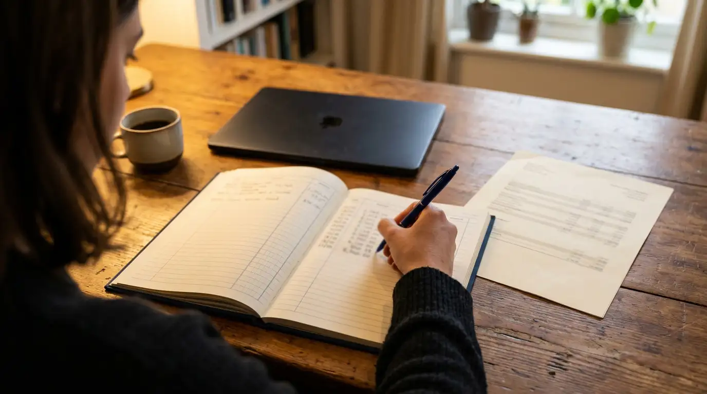 Person writing transaction dates and values in a notebook beside a laptop