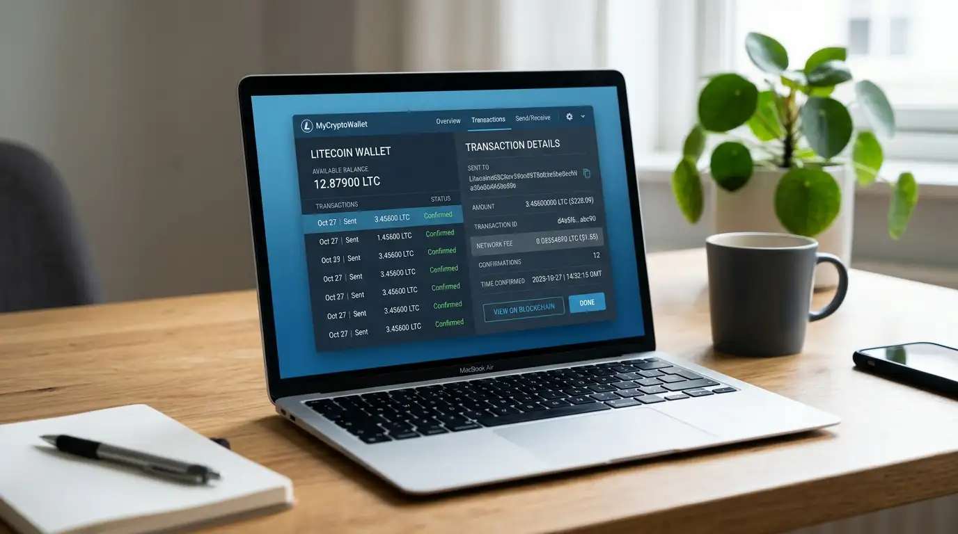 Cryptocurrency wallet showing Litecoin transaction with low network fee for casino deposit