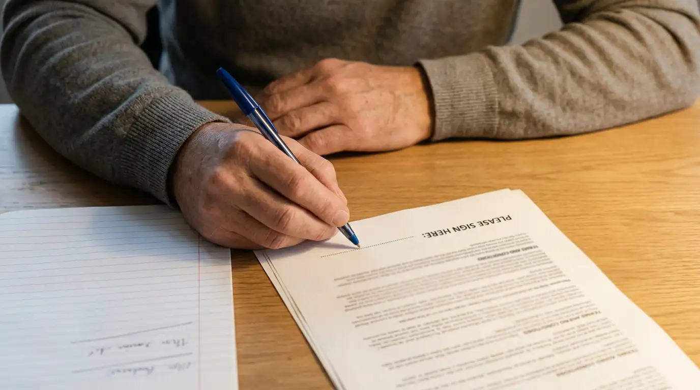Person working through bonus terms on paper with a pen and notepad