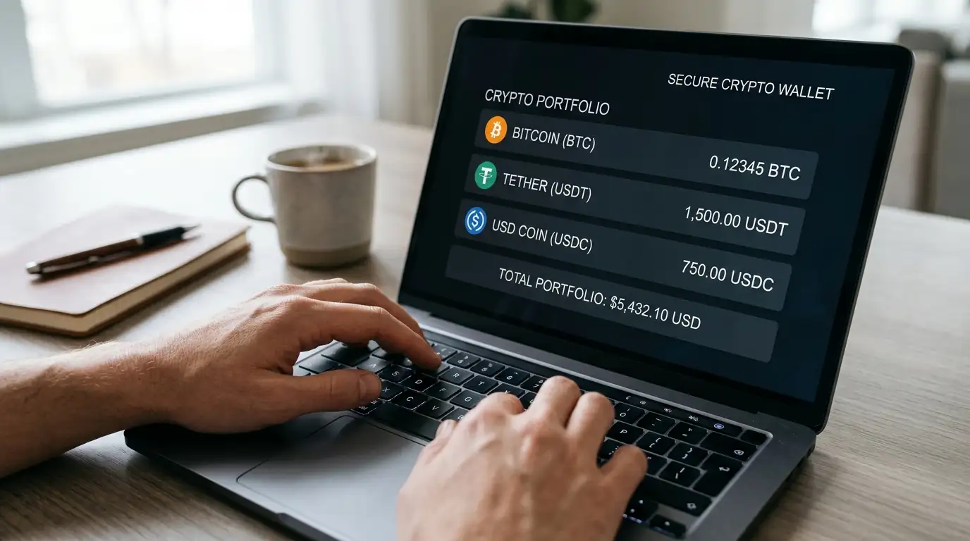 Cryptocurrency wallet interface showing Bitcoin and stablecoin balances