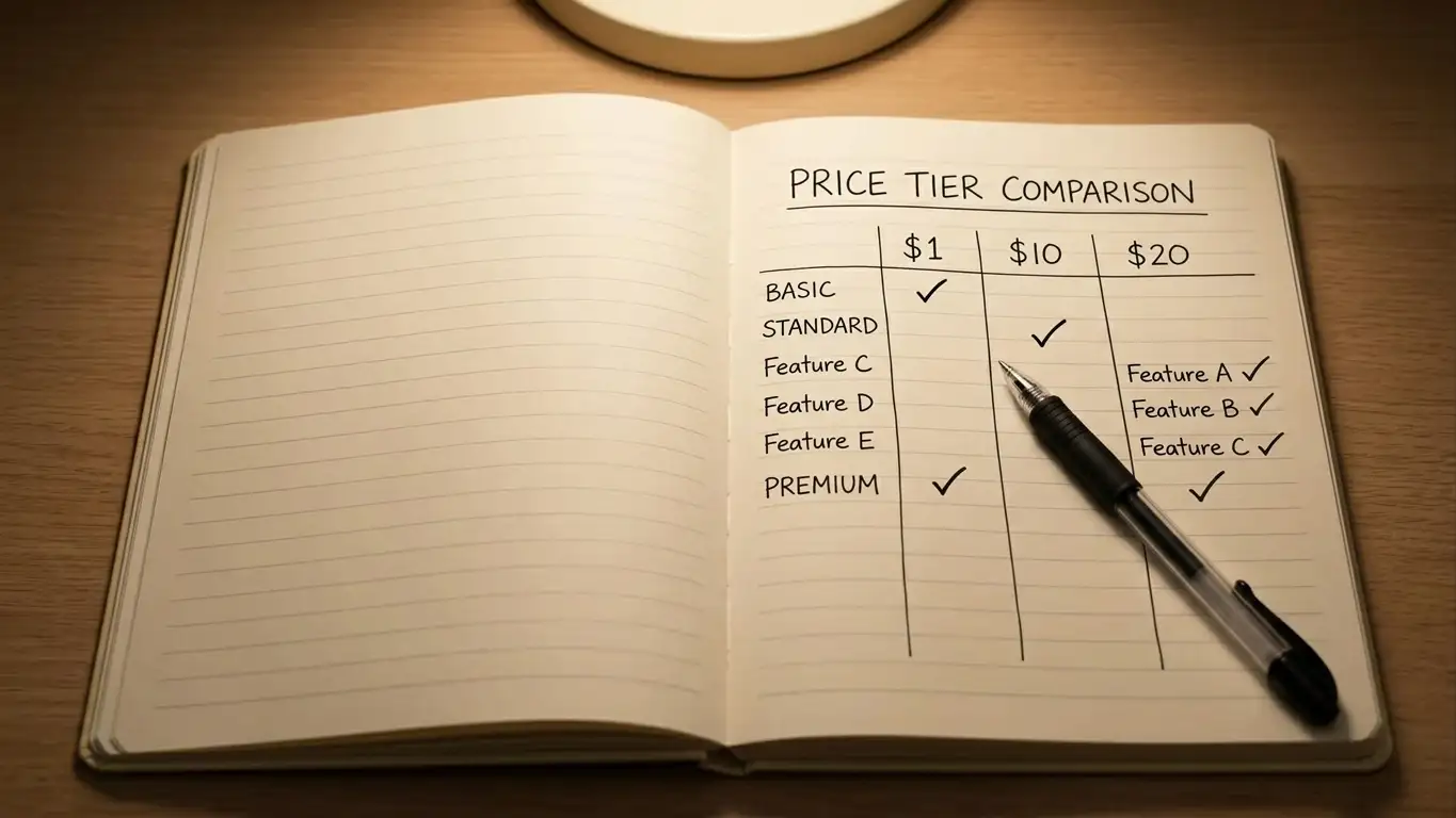 Notebook with handwritten deposit tier comparison columns and checkmarks