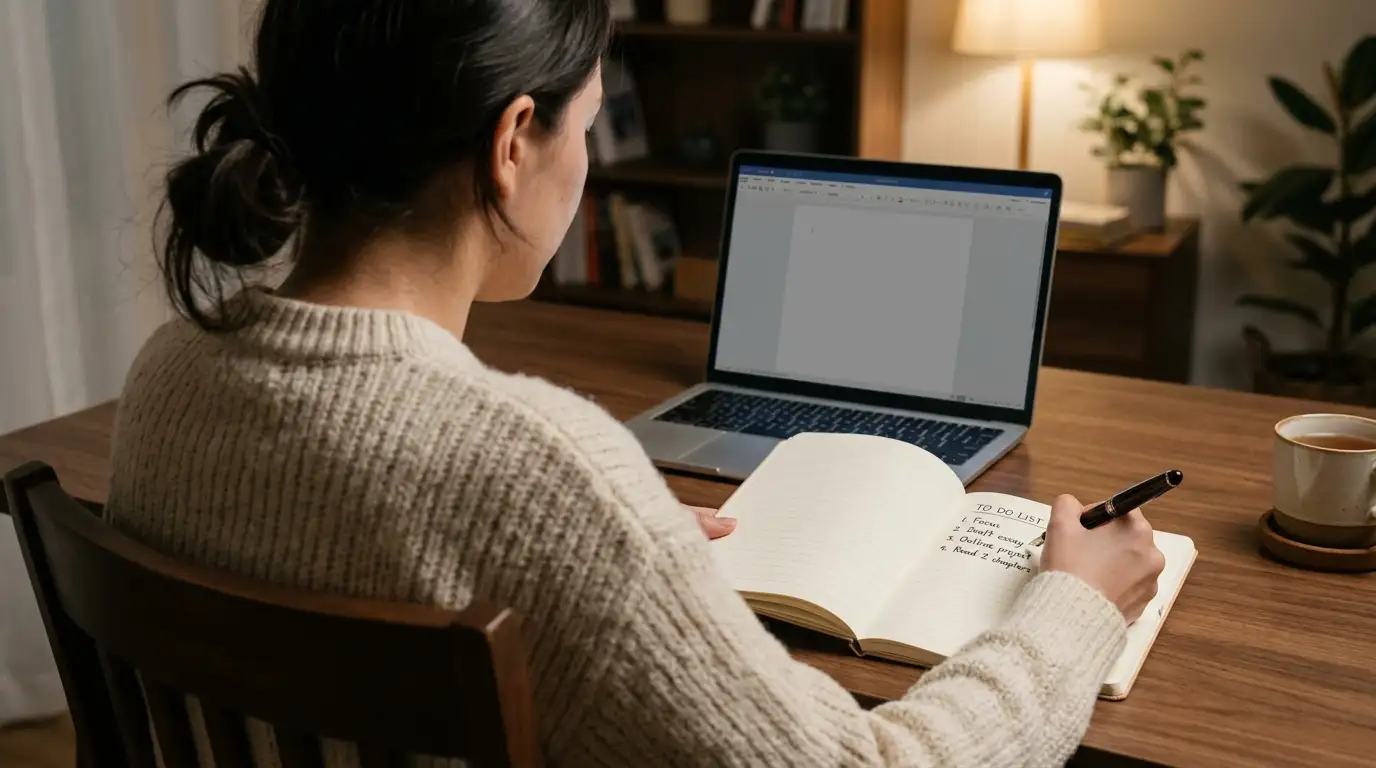 Person working through transfer costs with pen and paper at a tidy desk