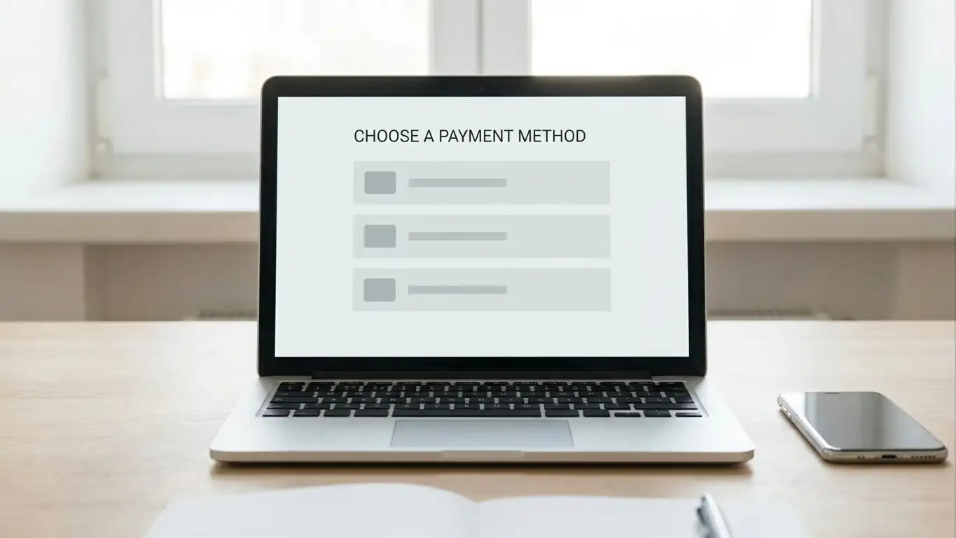 Laptop showing a neutral cashier page with a payment list open