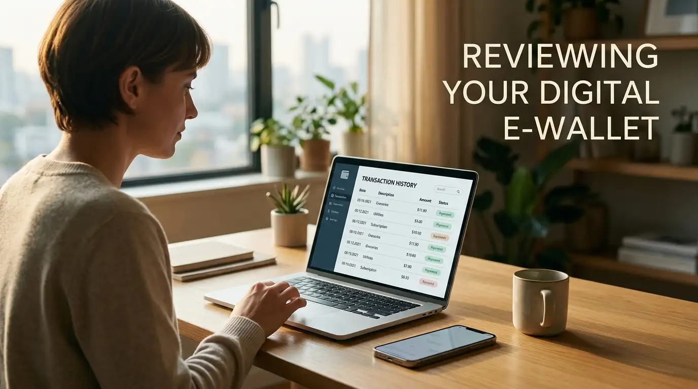 Person reviewing e-wallet account on laptop showing transaction history