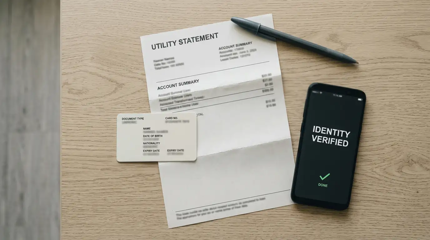 Identity documents laid out beside a phone awaiting verification