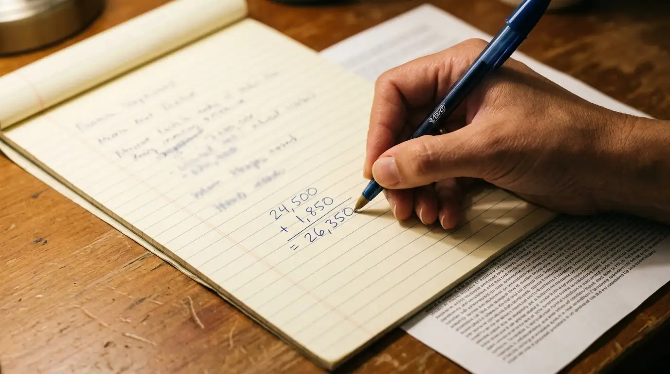 Hand working through wagering figures with pen and notepad beside bonus terms