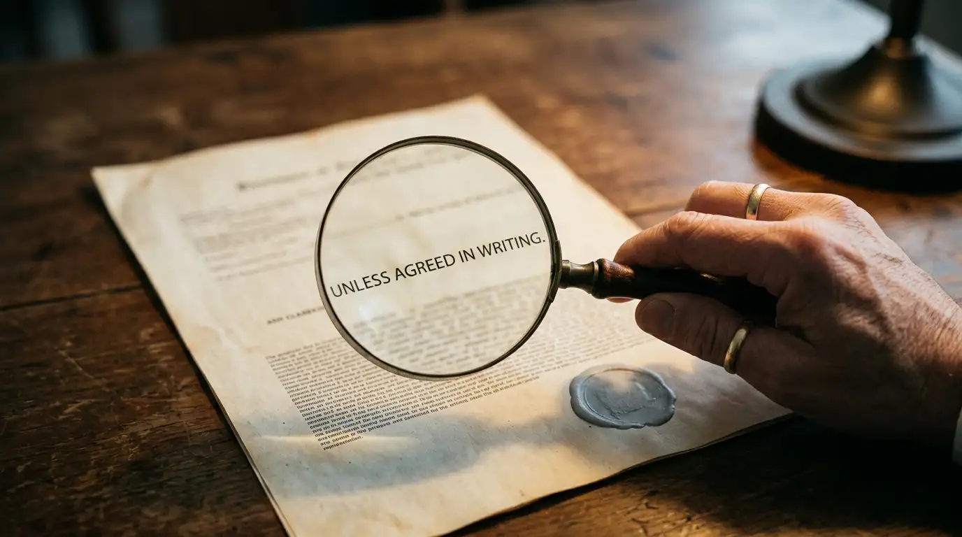 Hand holding a magnifier over the small print at the foot of a printed licence document