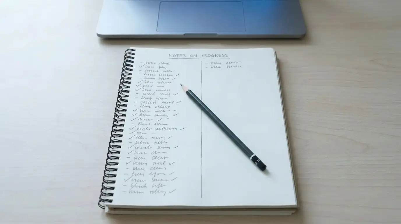 Notepad with a handwritten column of site names and timings next to an open laptop