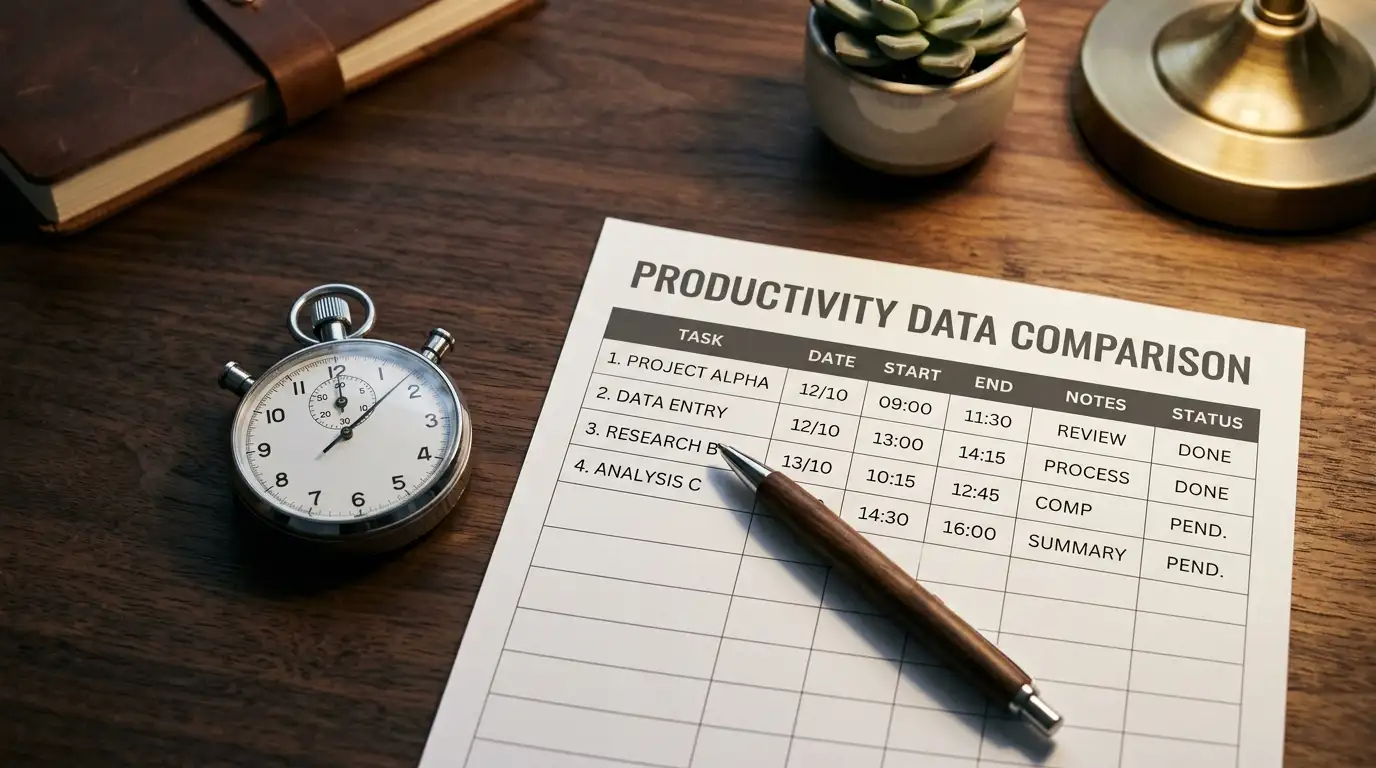 Desk with a stopwatch beside a printed comparison sheet of payout times