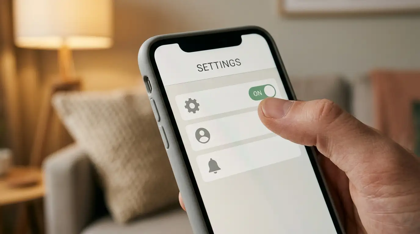 Hand switching a toggle to the on position inside a plain mobile banking settings screen