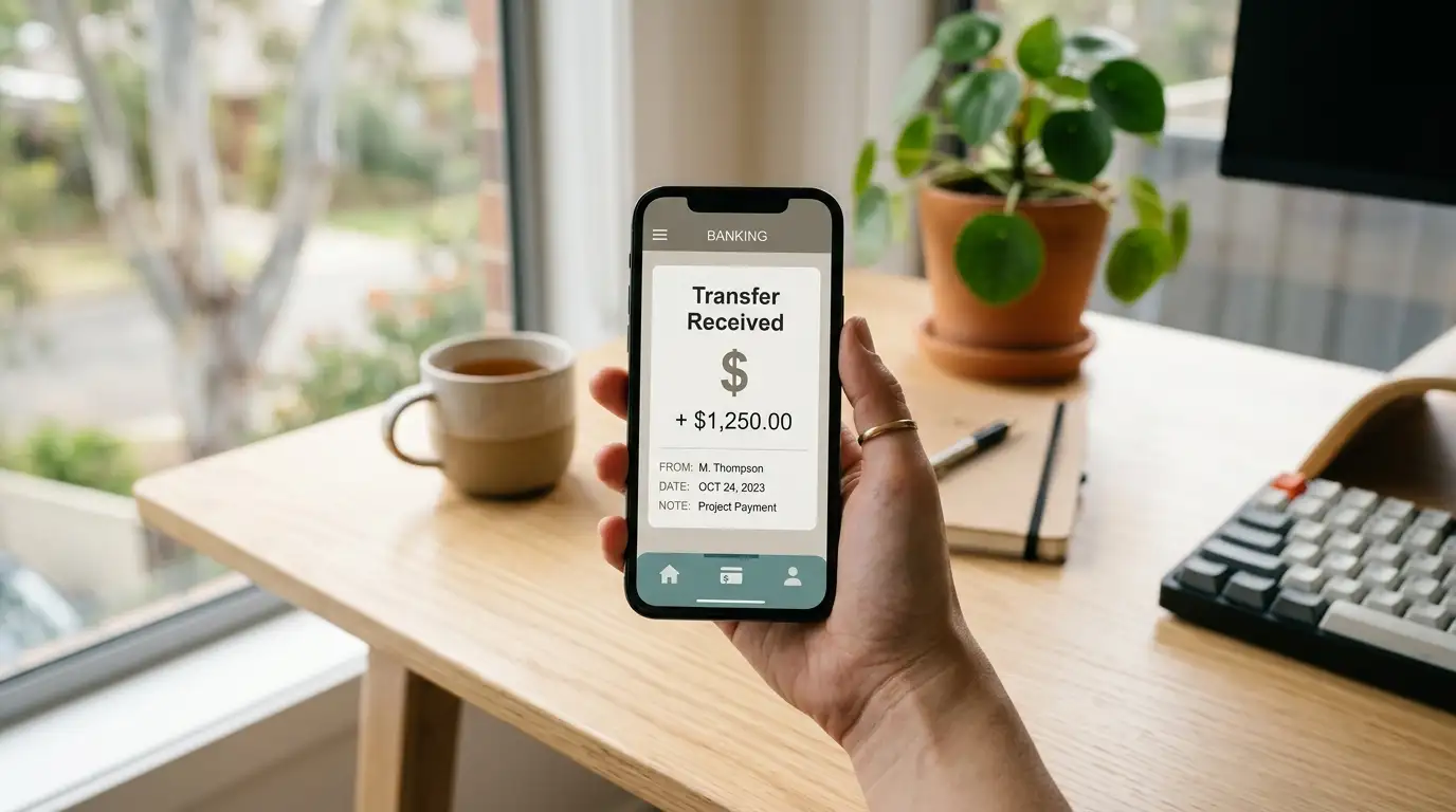 Smartphone banking app showing an instant PayID withdrawal landing in an Australian bank account