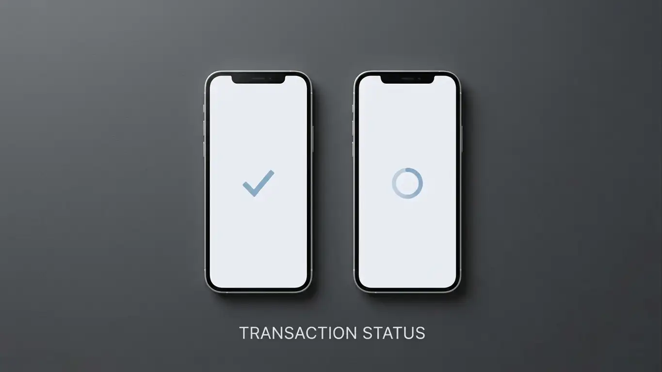 Two smartphones side by side, one showing a cleared transfer and one showing a pending status