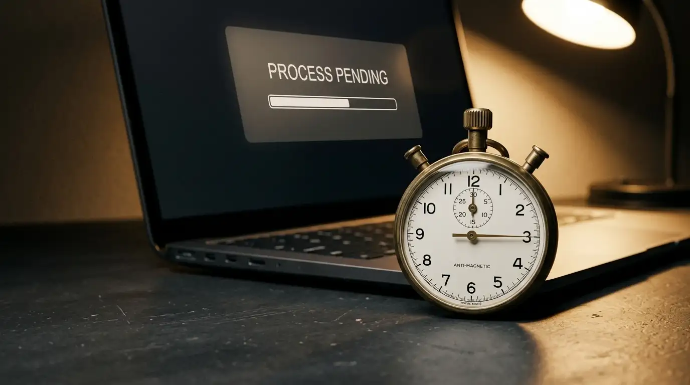 Stopwatch beside a laptop showing a pending withdrawal request screen