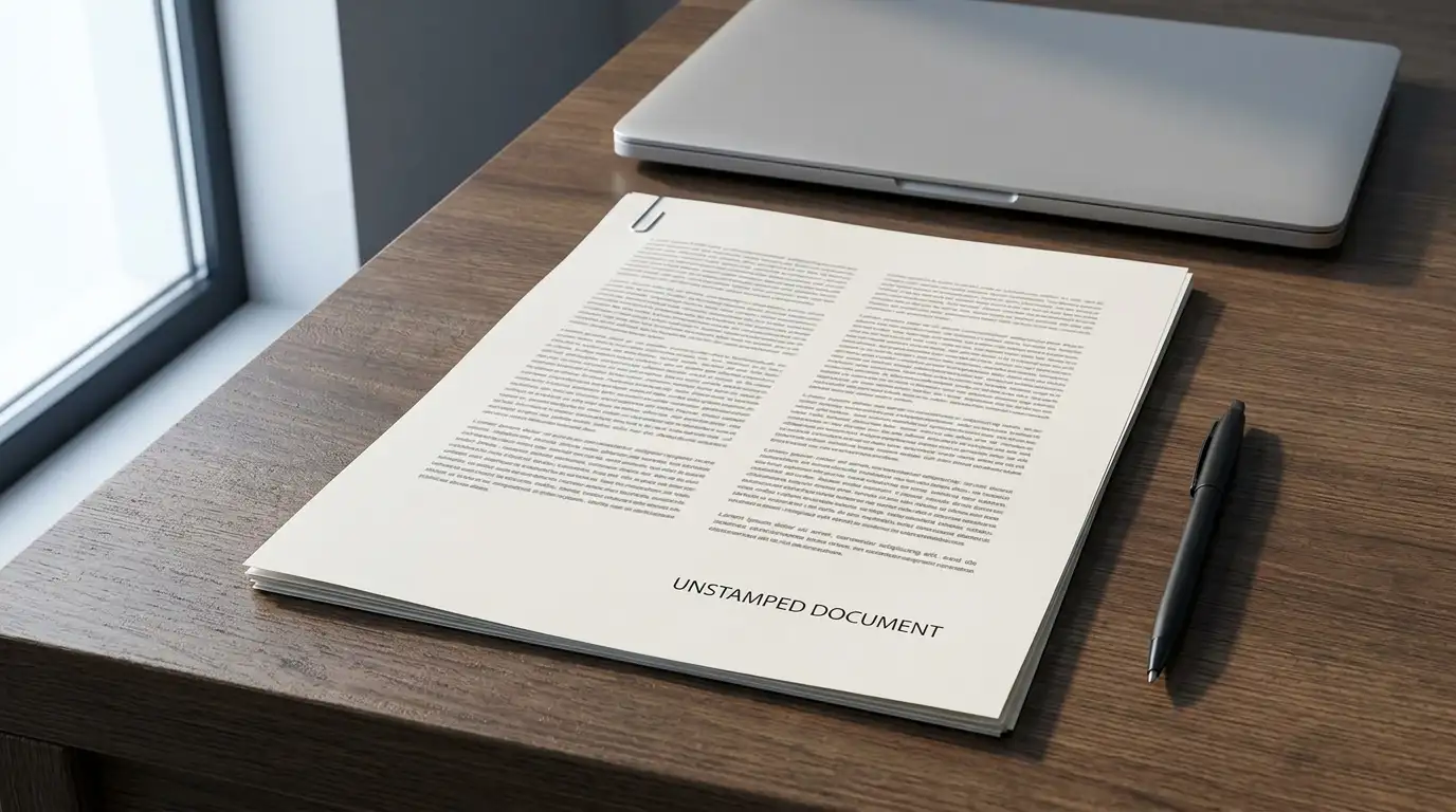 Unbranded regulatory document on a desk beside a closed laptop in daylight