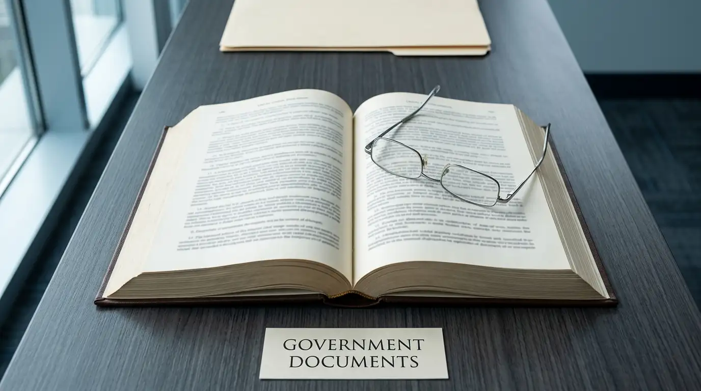 Open statute document and reading glasses on a plain government office desk