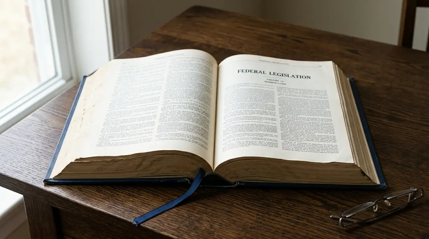 Bound copy of federal legislation open on a desk under soft daylight