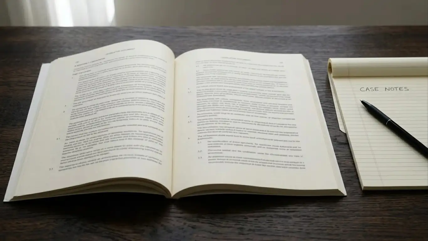 Open legislative document beside a plain notepad on a wooden table in daylight